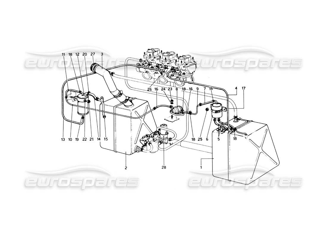 ferrari 246 dino (1975) fuel system (variants for usa versions) parts diagram