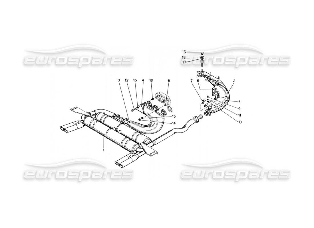 ferrari 246 dino (1975) exhaust system (variants for usa versions) parts diagram