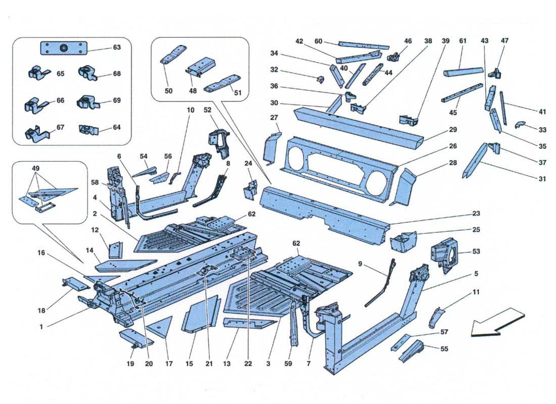 ferrari 458 challenge central part and sheet metal elements parts diagram
