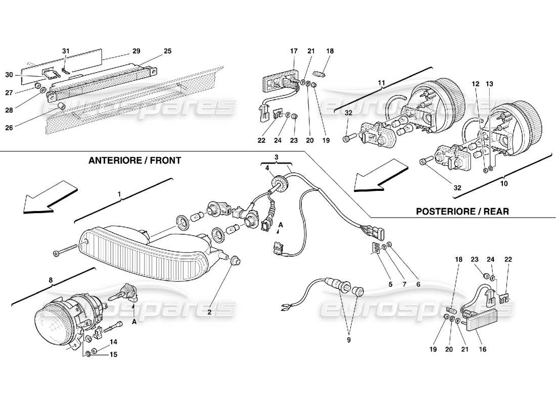 ferrari 355 (5.2 motronic) front and rear lights part diagram