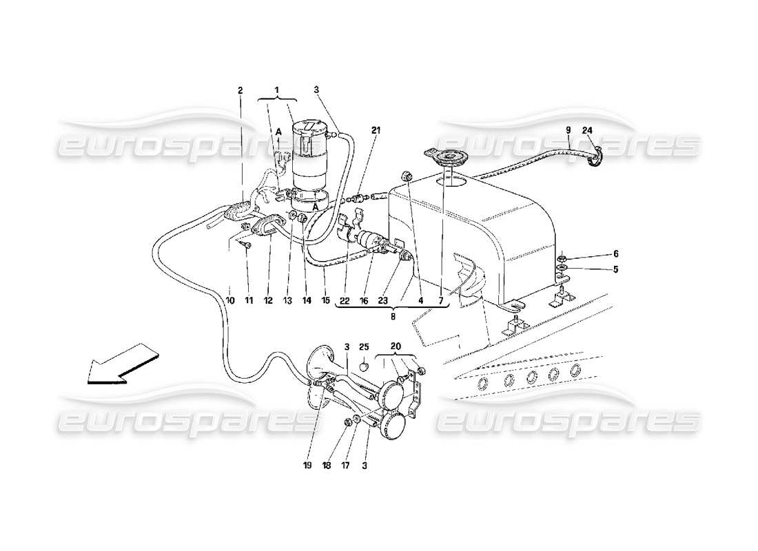 ferrari 348 (2.7 motronic) glass washer and horns part diagram