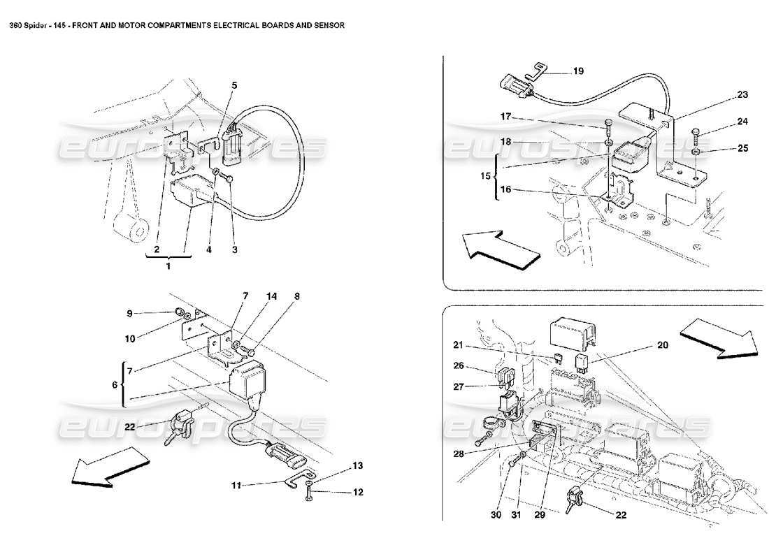 ferrari 360 spider front and motor compartments electrical boards and sensor part diagram