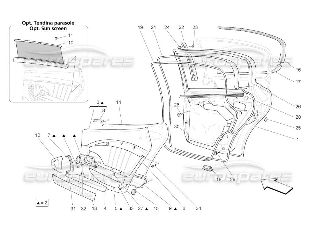 maserati qtp. (2008) 4.2 auto rear doors: trim panels parts diagram