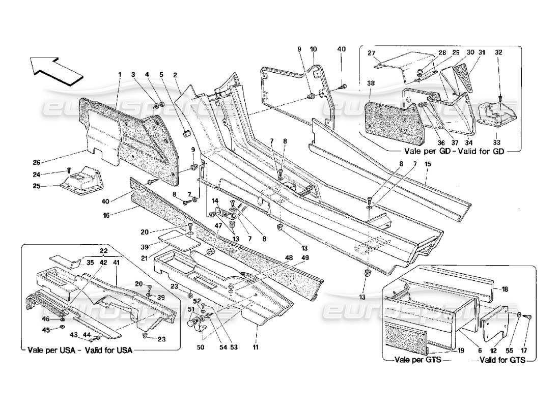 ferrari 348 (2.7 motronic) tunnel - framework and trims part diagram