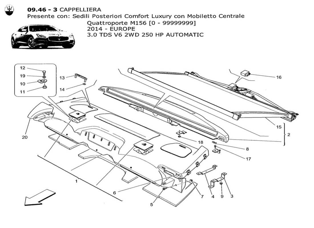 maserati qtp. v6 3.0 tds 250bhp 2014 rear parcel shelf part diagram