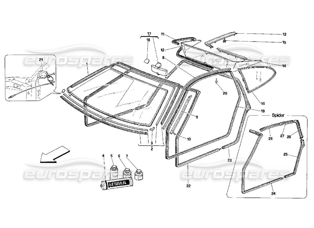 ferrari 348 (2.7 motronic) glasses and gaskets part diagram