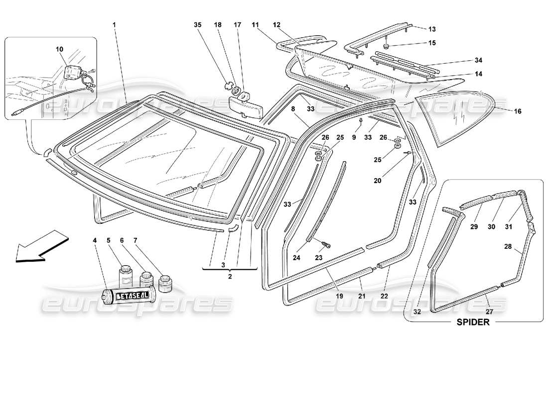 ferrari 355 (2.7 motronic) glasses and gaskets parts diagram