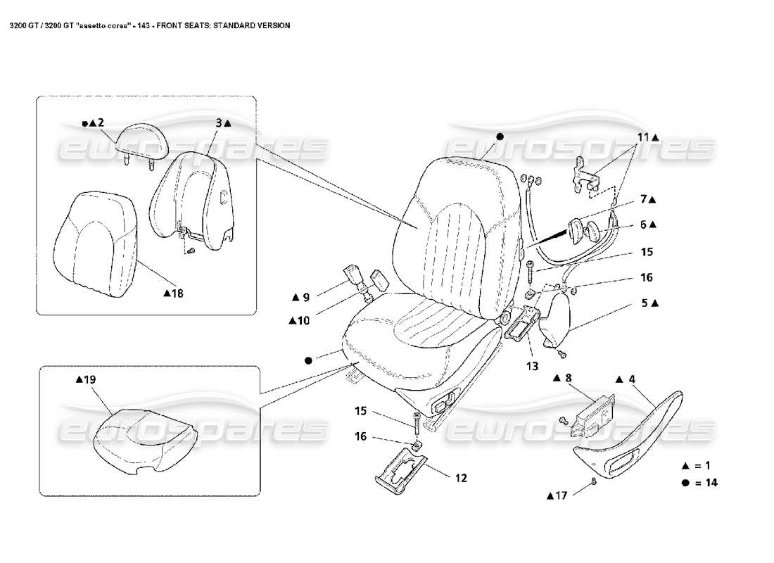 maserati 3200 gt/gta/assetto corsa front seats: standard version parts diagram