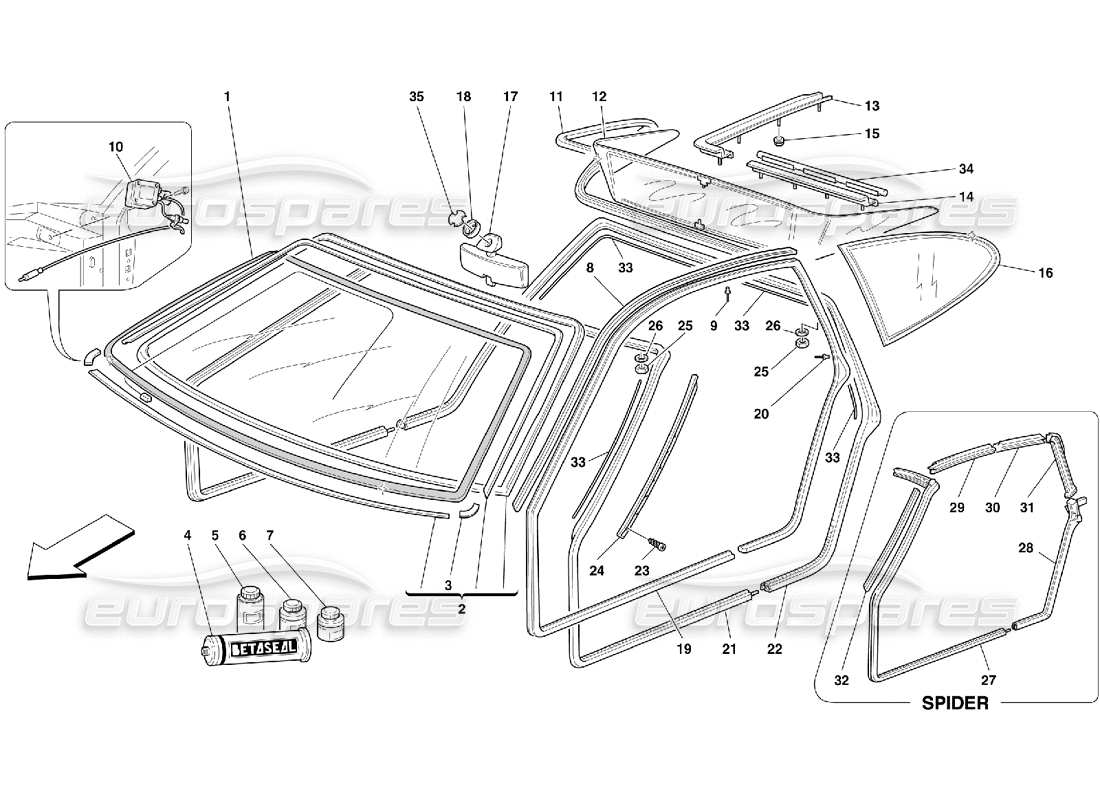 ferrari 355 (5.2 motronic) glasses and gaskets part diagram