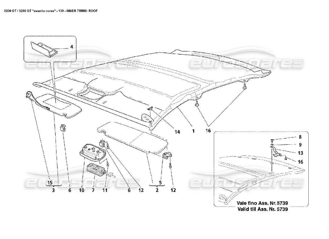 maserati 3200 gt/gta/assetto corsa inner trims: roof parts diagram