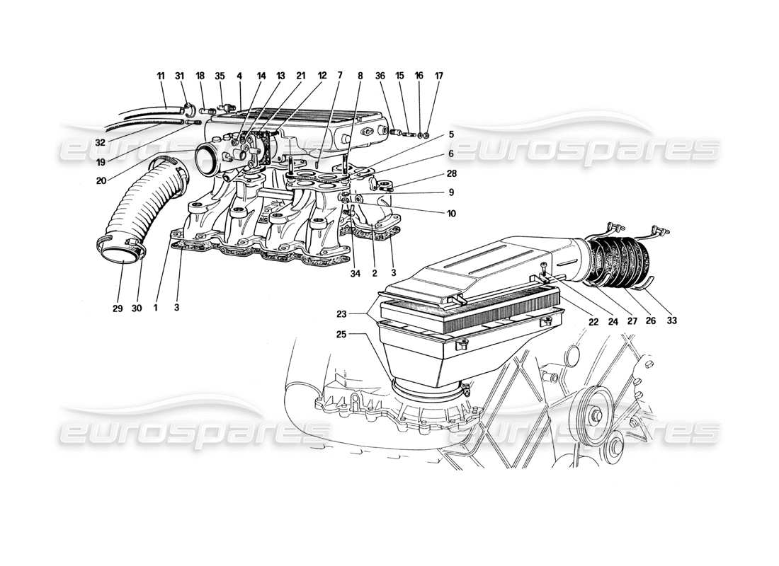 ferrari 328 (1985) air intake and manifolds part diagram