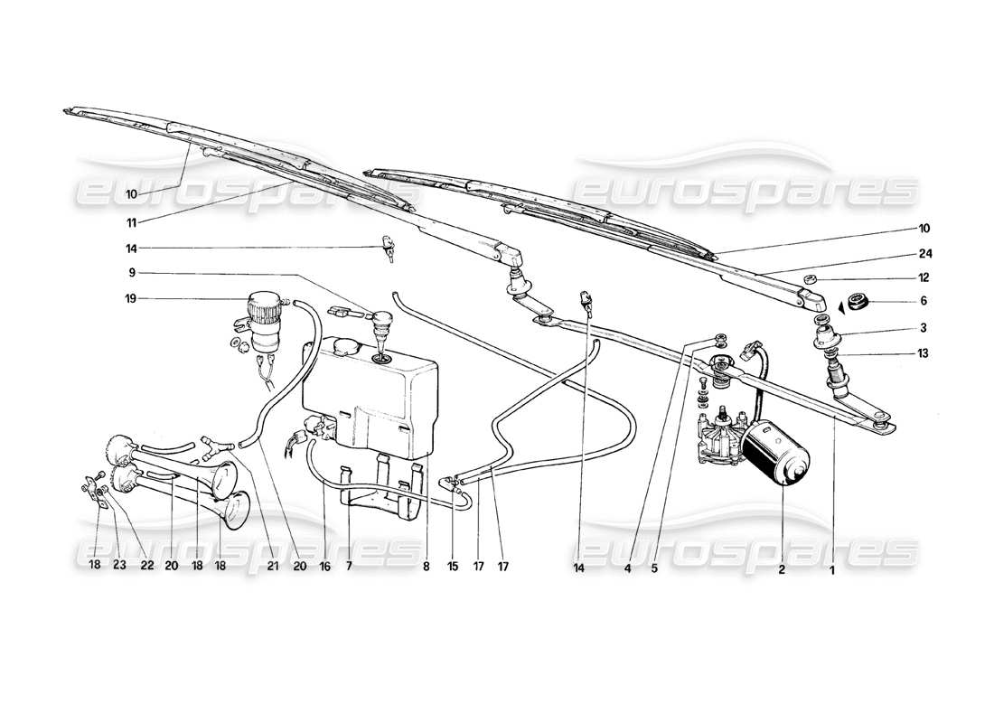 ferrari mondial 8 (1981) windshield wiper, washer and horn parts diagram