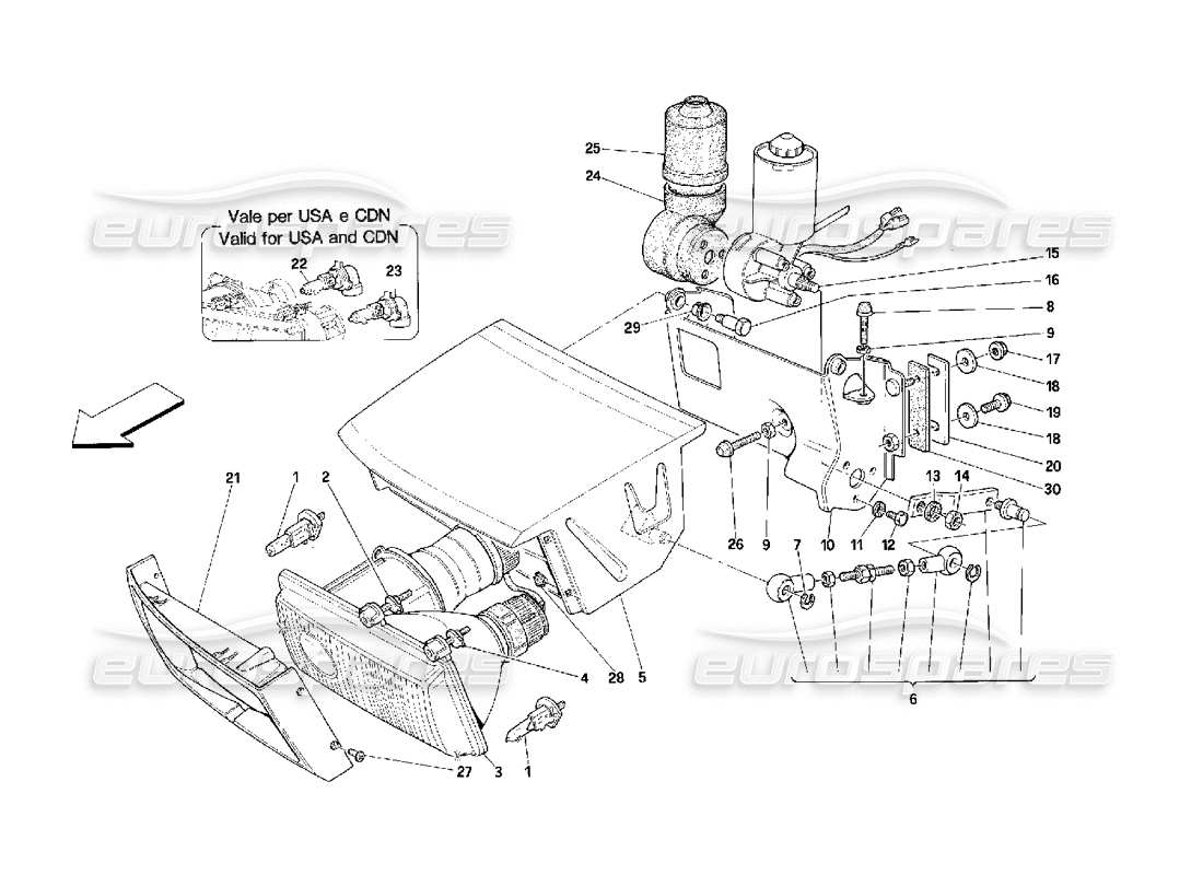 ferrari 348 (2.7 motronic) lights lifting device and headlights part diagram