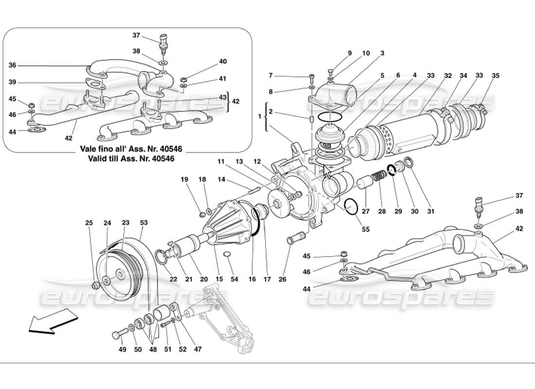 ferrari 360 modena water pump and oil - water heat exchanger parts diagram