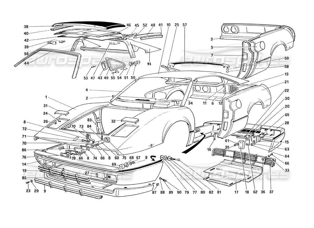 ferrari 328 (1985) body shell - outer elements (for u.s. and sa version) part diagram