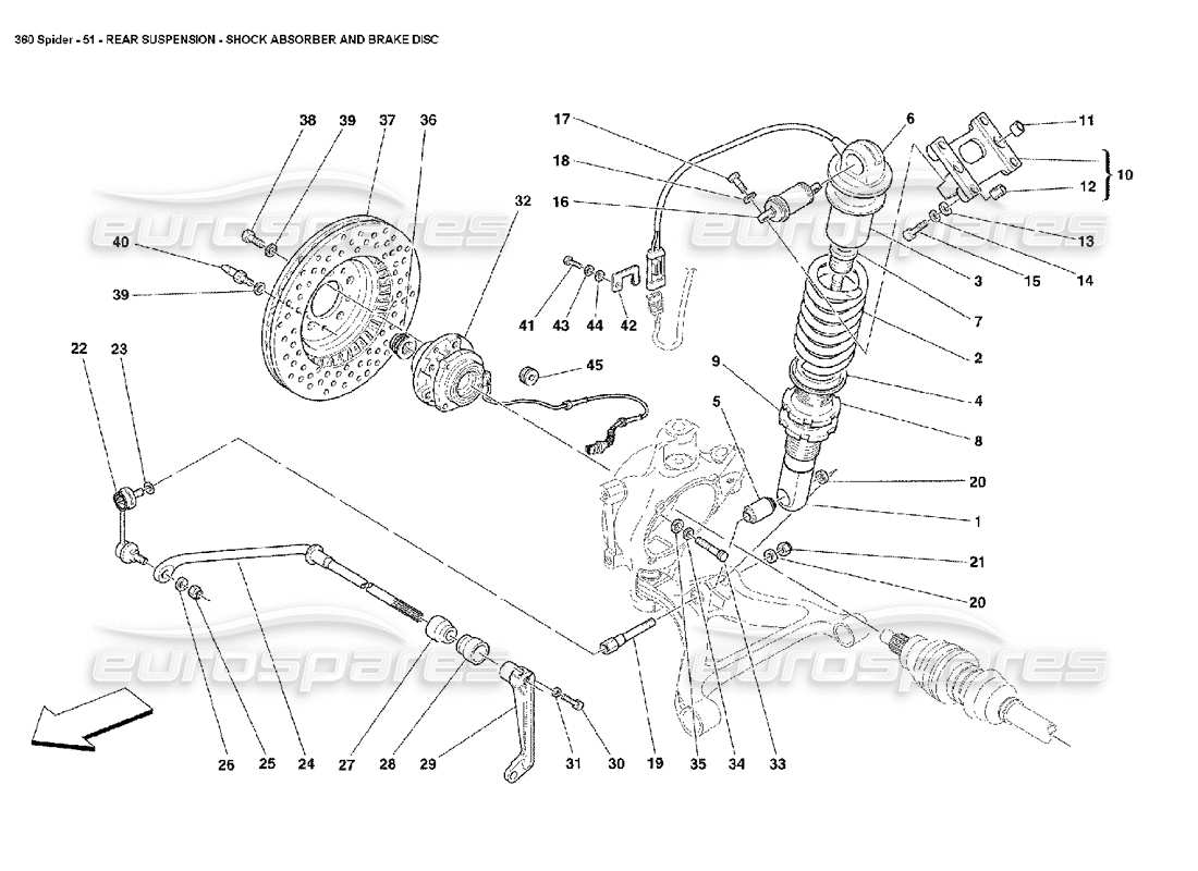 ferrari 360 spider rear suspension - shock absorber and brake disc part diagram