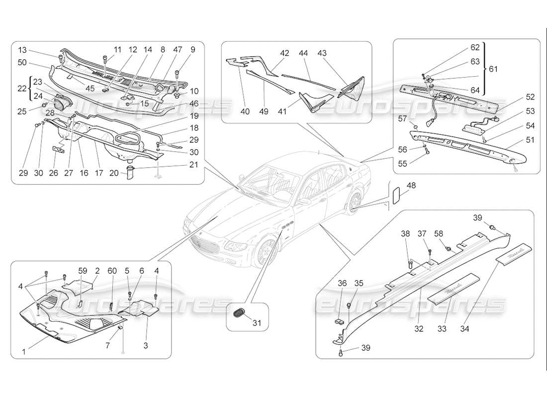 maserati qtp. (2006) 4.2 f1 shields, trims and covering panels parts diagram