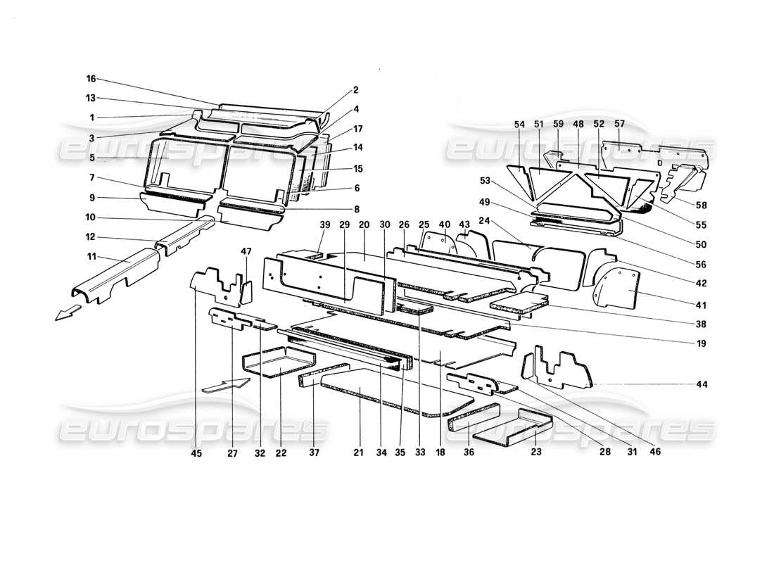 ferrari 328 (1985) passenger and luggage compartments insulation (for u.s. and sa version) part diagram