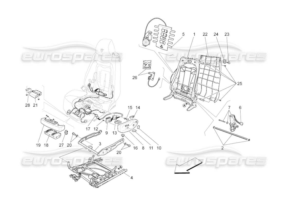 maserati grancabrio (2010) 4.7 front seats: mechanics and electronics parts diagram