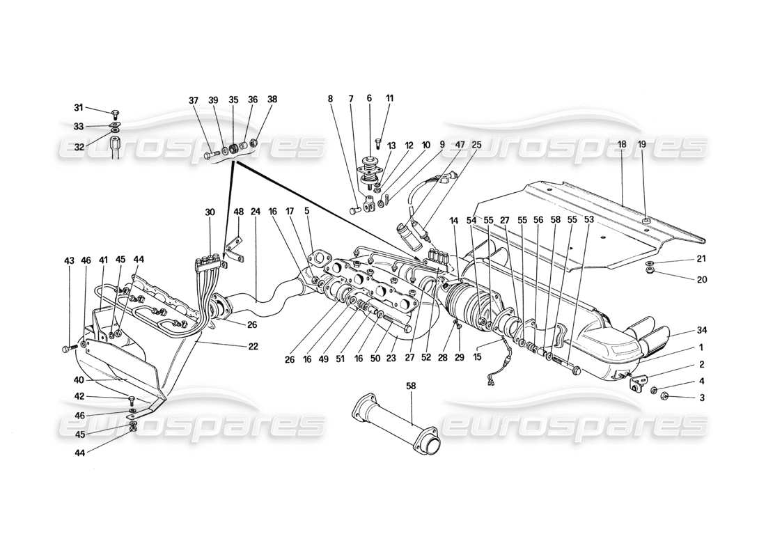 ferrari 328 (1985) exhaust system (for u.s. and sa version) part diagram