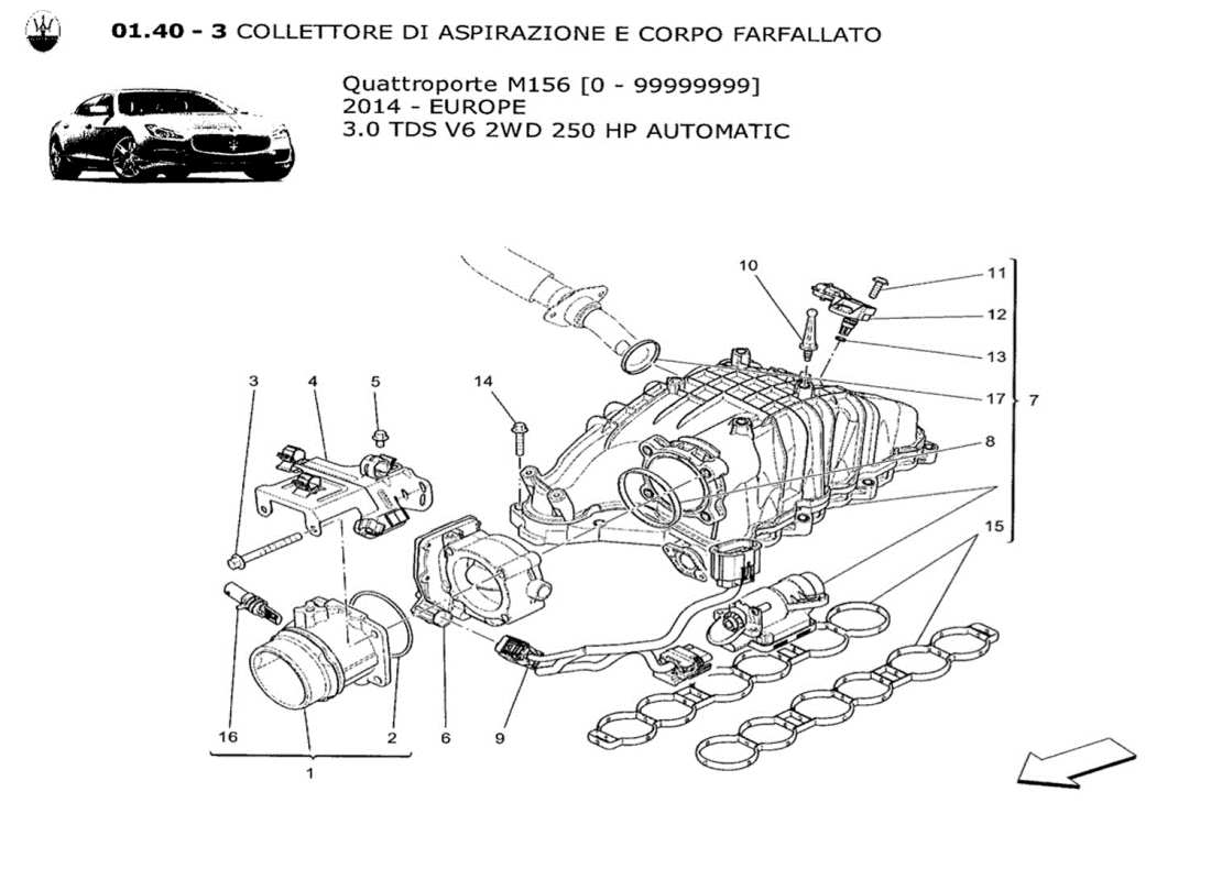 maserati qtp. v6 3.0 tds 250bhp 2014 intake manifold and throttle body part diagram