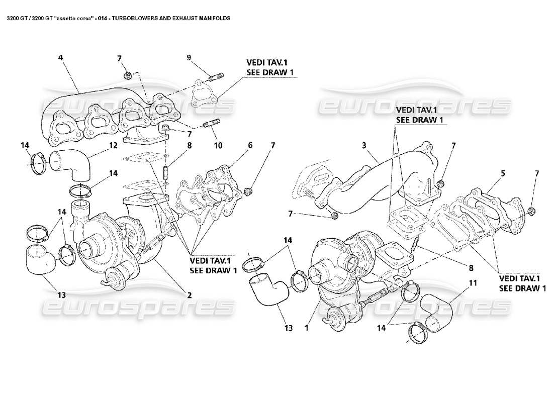 maserati 3200 gt/gta/assetto corsa turbos & exhaust manifolds parts diagram