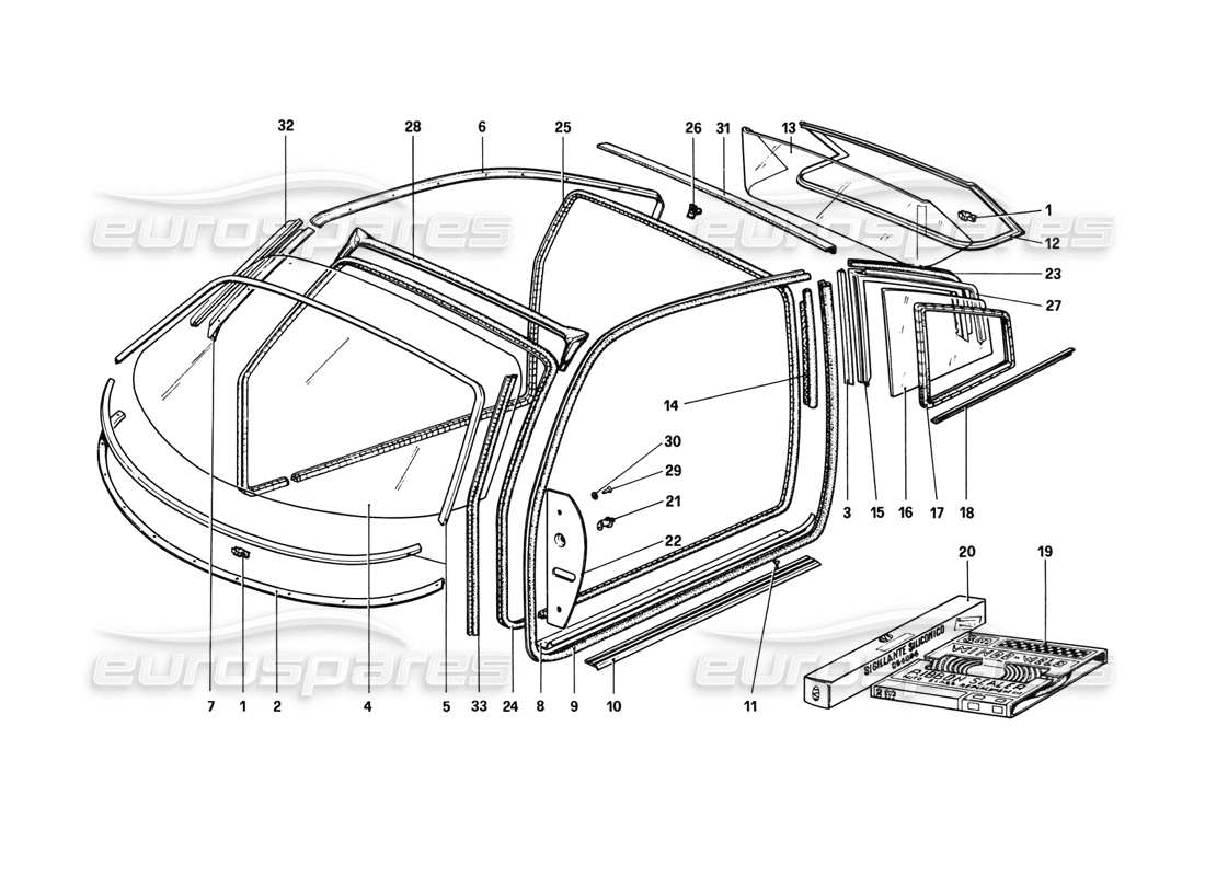 ferrari 308 gtb (1980) glasses (variants for rhd - aus versions) part diagram