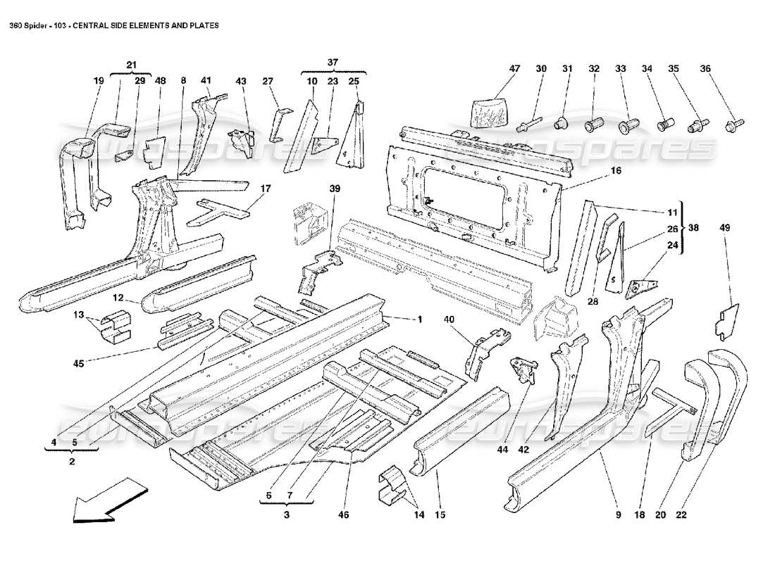 ferrari 360 spider central side elements and plates parts diagram