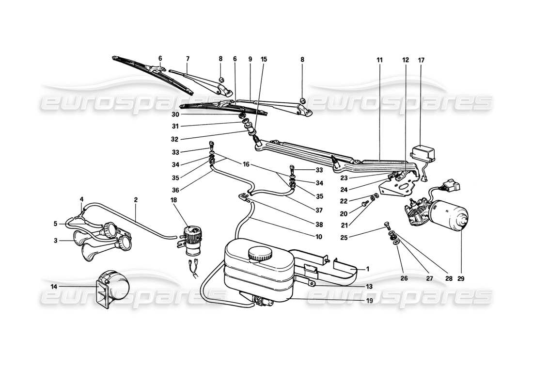 ferrari 308 gtb (1980) windshield wiper, washer and horn parts diagram