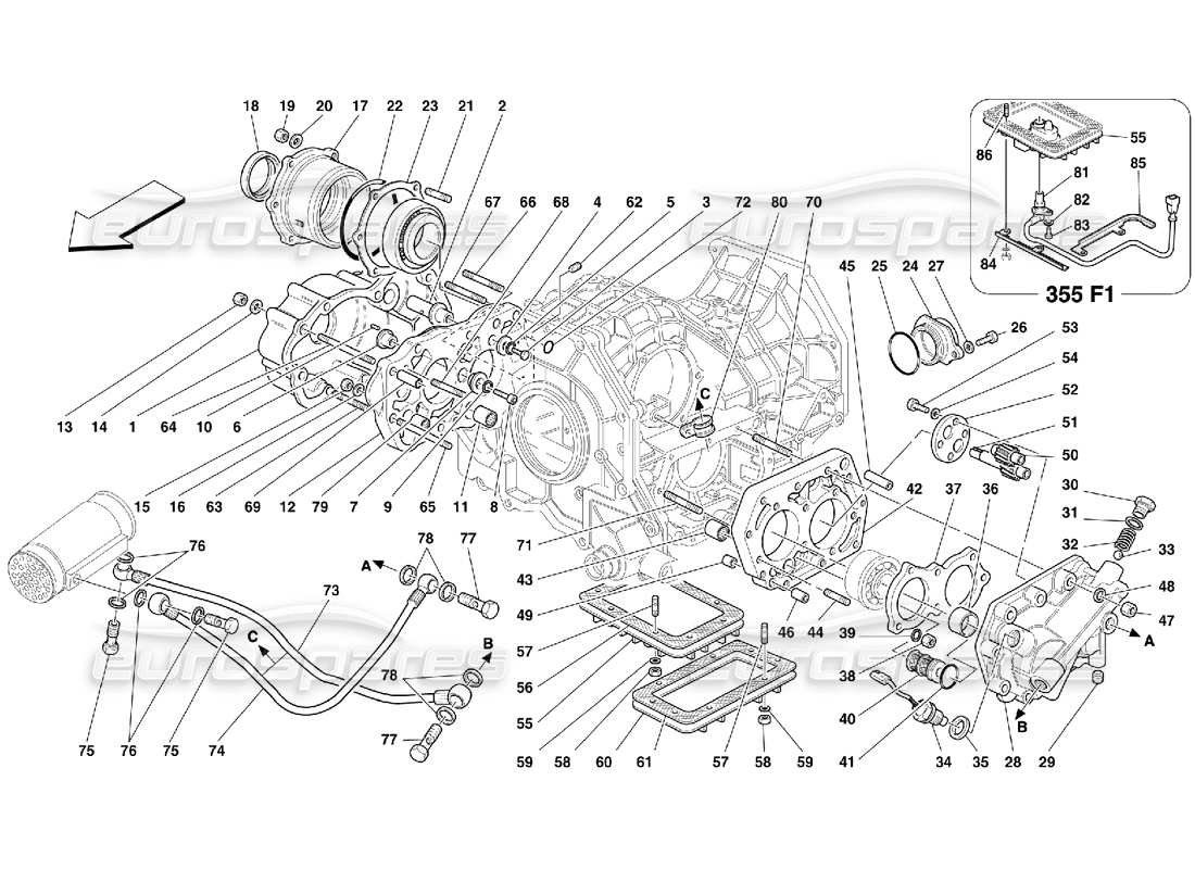 ferrari 355 (5.2 motronic) gearbox covers and lubrication part diagram