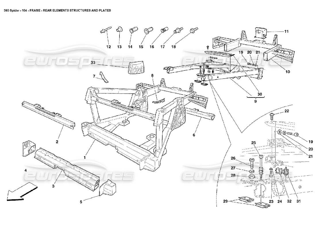 ferrari 360 spider frame - rear elements structures and plates part diagram