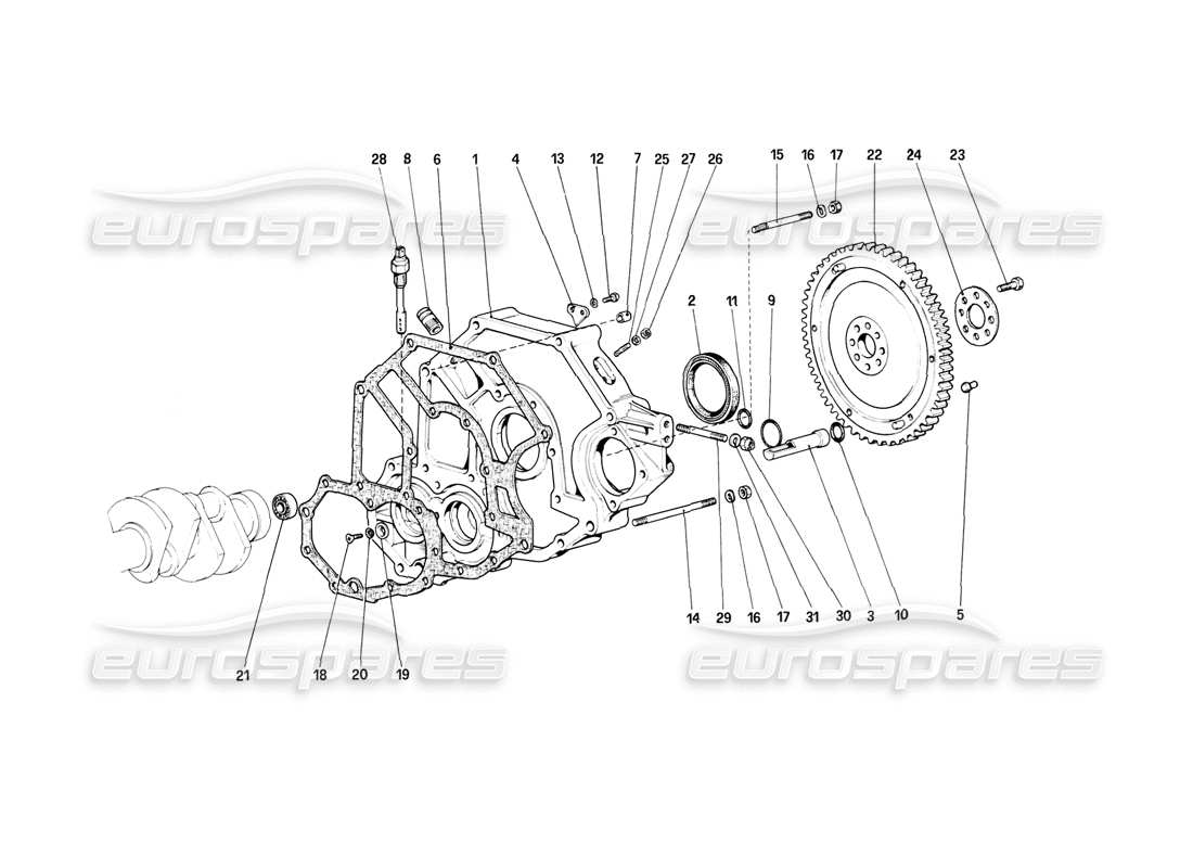 ferrari mondial 8 (1981) flywheel and clutch housing spacer parts diagram