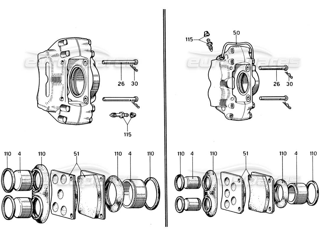 ferrari 330 gtc coupe front and rear brake calipers parts diagram