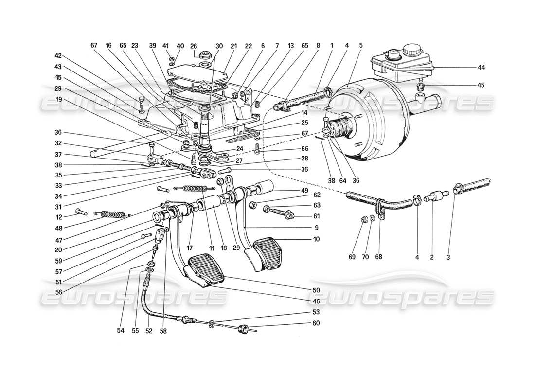 ferrari 208 turbo (1989) pedal boad - brake and clutch controls (for car without antiskid system) parts diagram