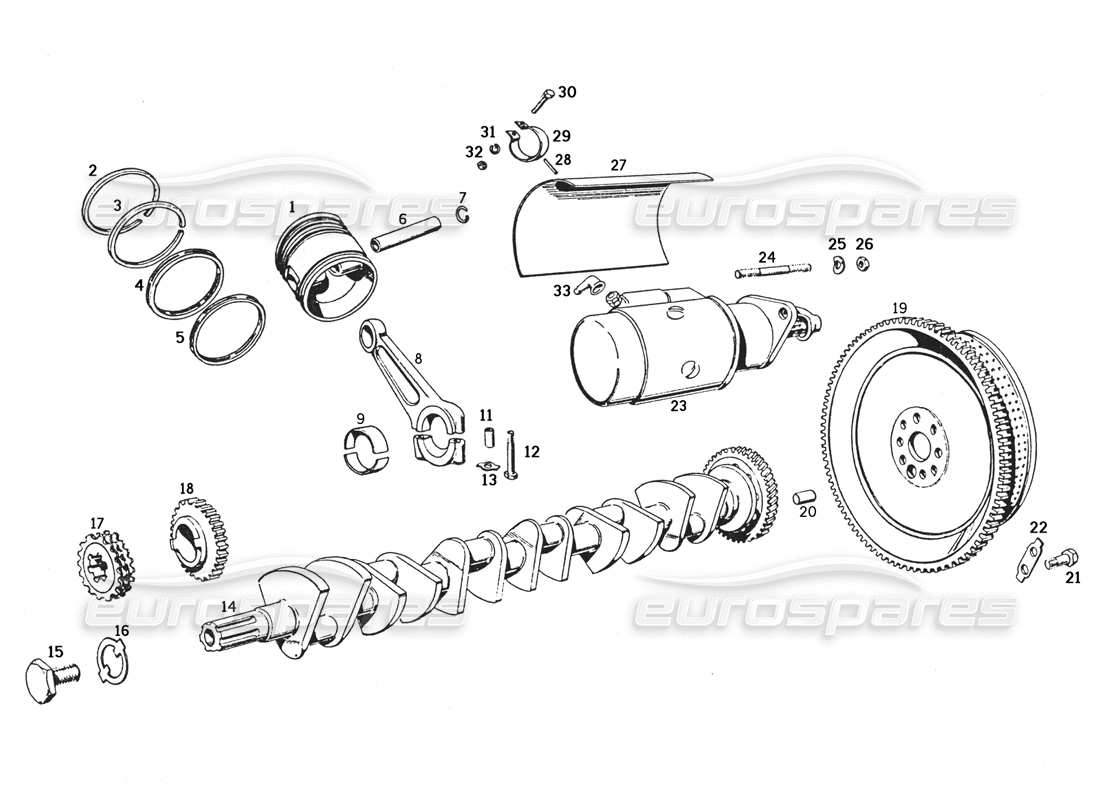 ferrari 250 gte (1957) crank mechanism, flywheel, and starter parts diagram