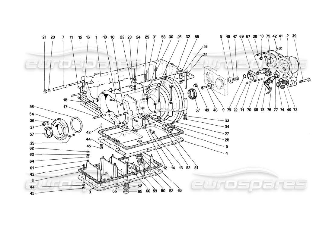 ferrari 308 (1981) gtbi/gtsi gearbox - differential housing and oil sump part diagram