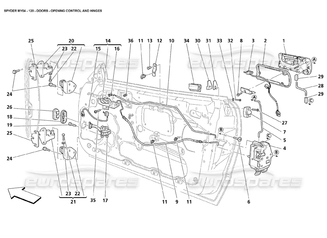 maserati 4200 spyder (2004) doors opening control and hinges parts diagram