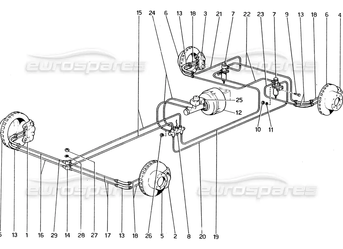 ferrari 365 gt4 2+2 (1973) brake hydraulic system on wheels parts diagram