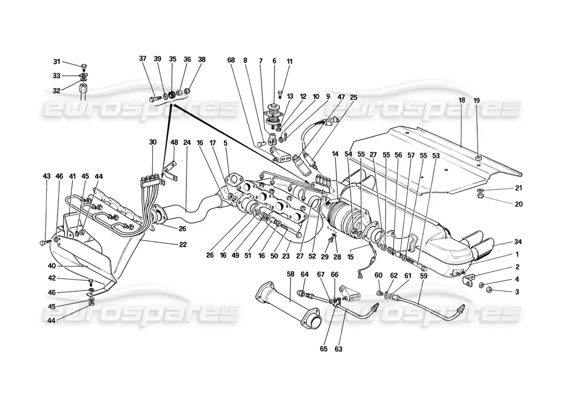 ferrari 328 (1988) exhaust system (for us - sa - ch87 and ch88 version) parts diagram