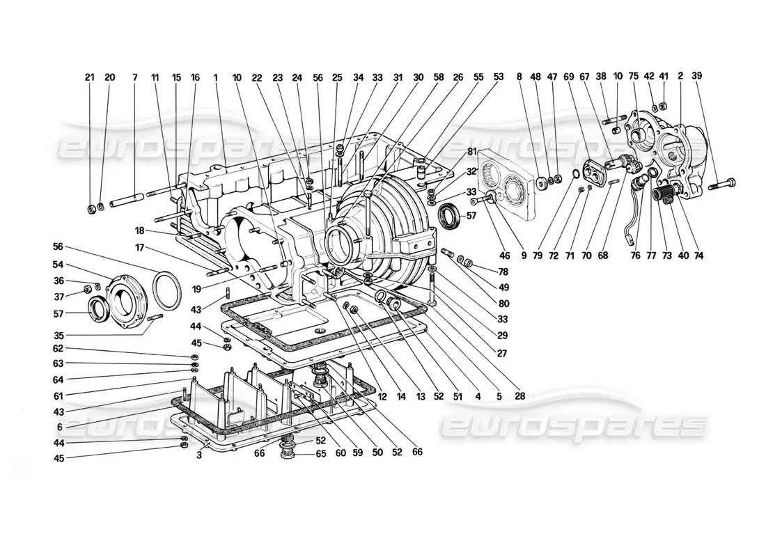 ferrari 208 turbo (1982) gearbox - differential housing and oil sump parts diagram