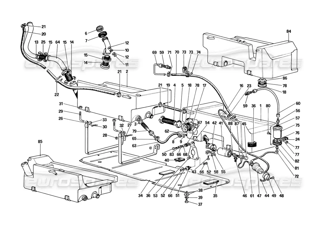 ferrari mondial 3.2 qv (1987) fuel pump and pipes (for us version) parts diagram