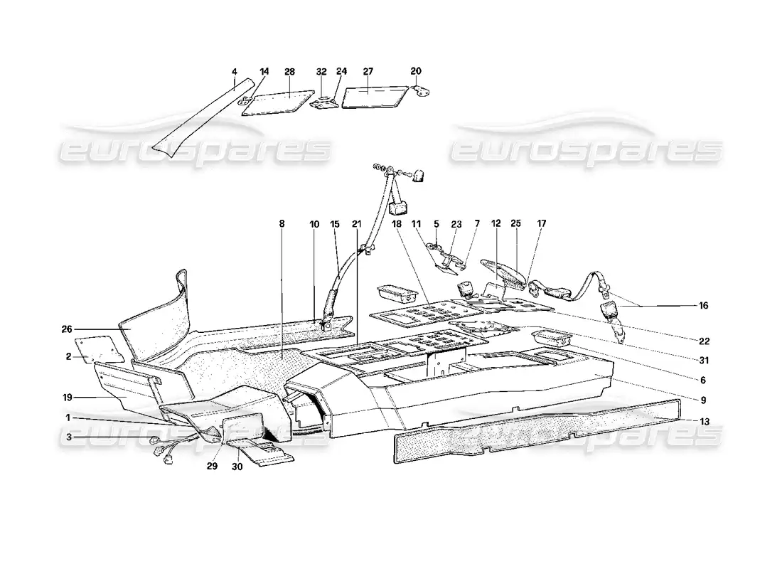 ferrari mondial 3.2 qv (1987) roof, tunnel and safety belts - cabriolet parts diagram