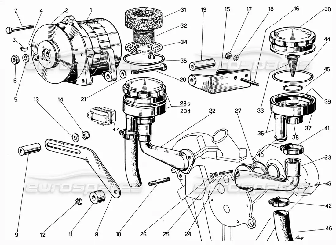 ferrari 330 gt 2+2 generator and engine breathers part diagram