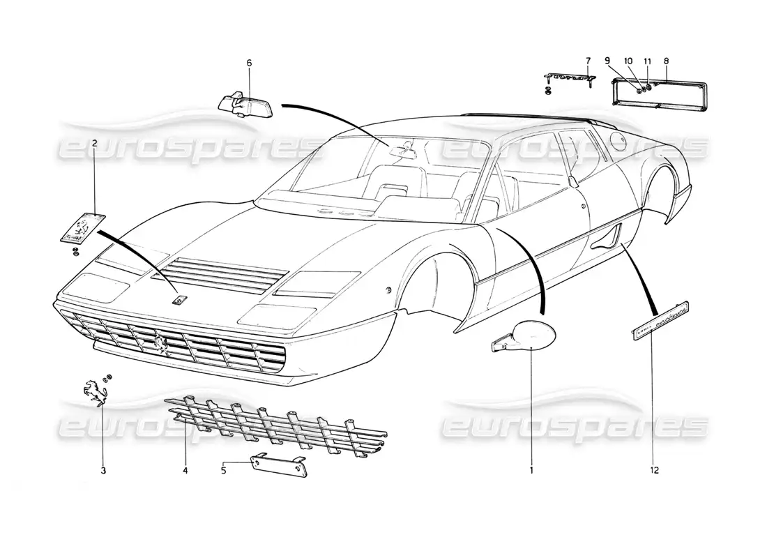 ferrari 512 bb body mouldings parts diagram