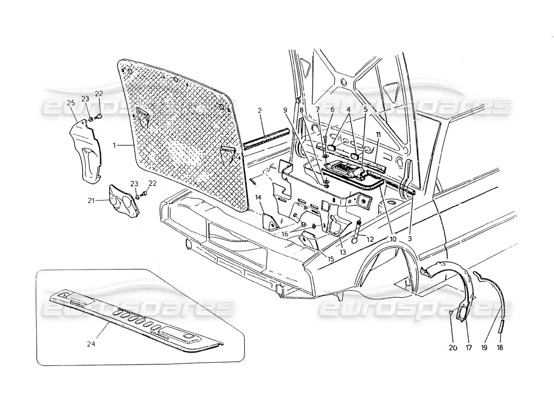 maserati 418 / 4.24v / 430 hood and engine compart. int.trimming parts diagram