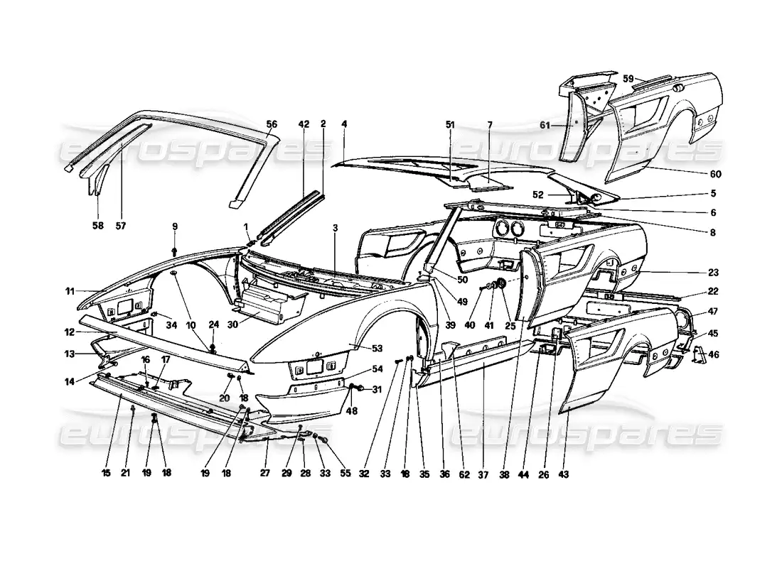 ferrari mondial 3.0 qv (1984) body shell - outer elements parts diagram
