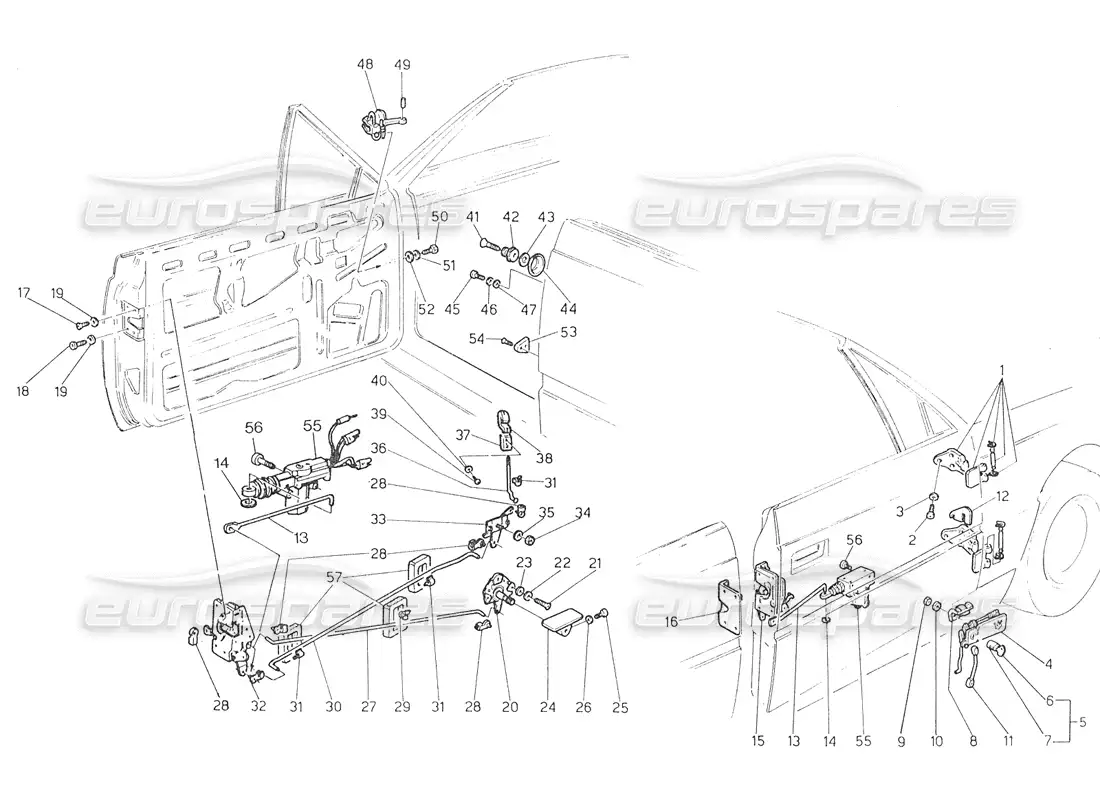 maserati biturbo spider doors: hinges and inner controls parts diagram