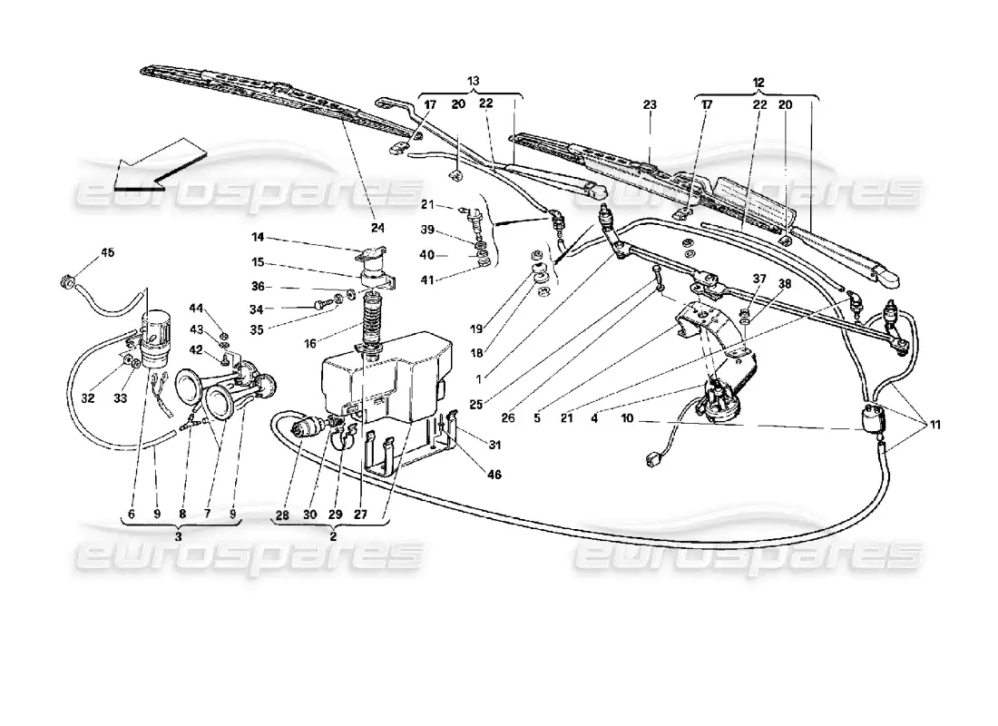 ferrari 512 tr windshield wiper, washer and horns parts diagram