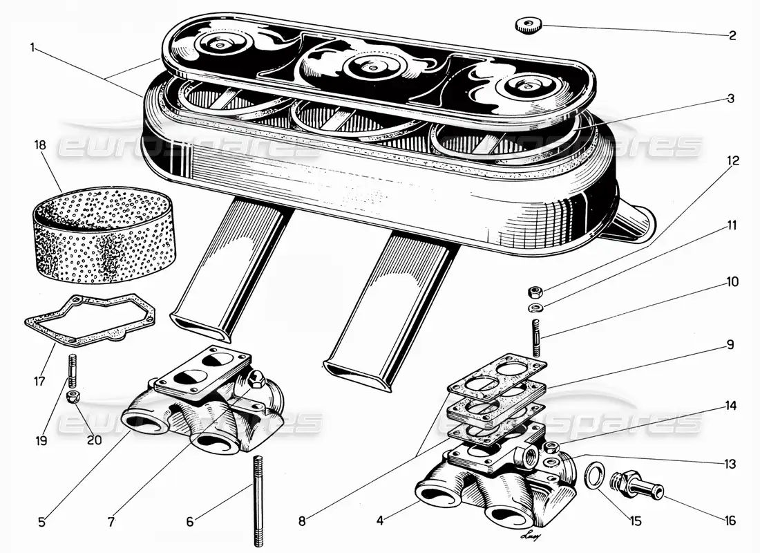 ferrari 330 gt 2+2 air inlet and manifolds parts diagram