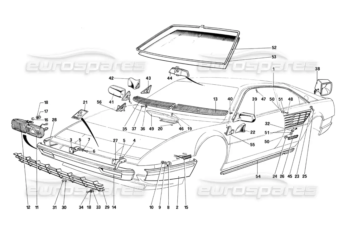 ferrari mondial 3.0 qv (1984) bumpers, lights and front glasses parts diagram